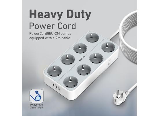 Promate PowerCord8EU-2M 4000W EU Power Strip with 8 AC Outlets & 3 USB Ports